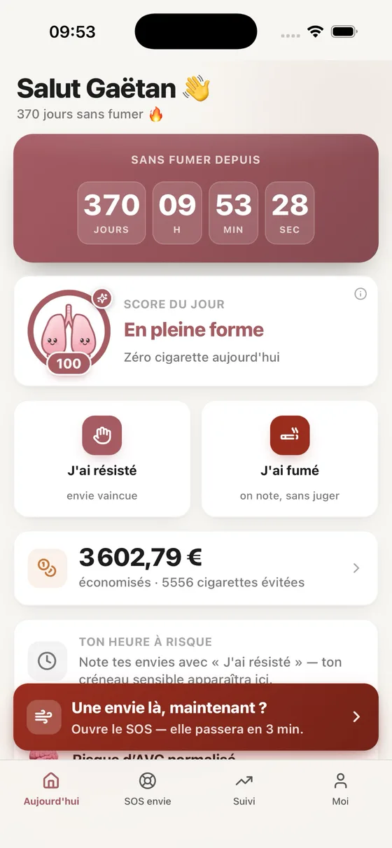 Écran Aujourd'hui de Soufflinou : 370 jours sans fumer, score du jour, argent économisé