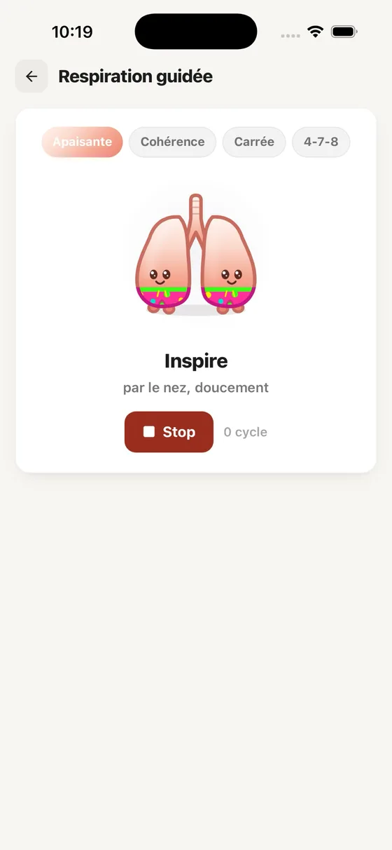 Respiration guidée : quatre rythmes au choix et l'instruction « Inspire, par le nez, doucement »