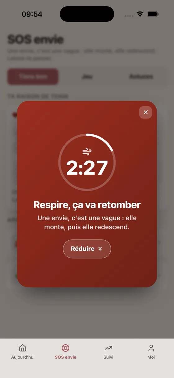 Mode SOS envie : un compte à rebours de 2 min 27 et le message « Respire, ça va retomber »