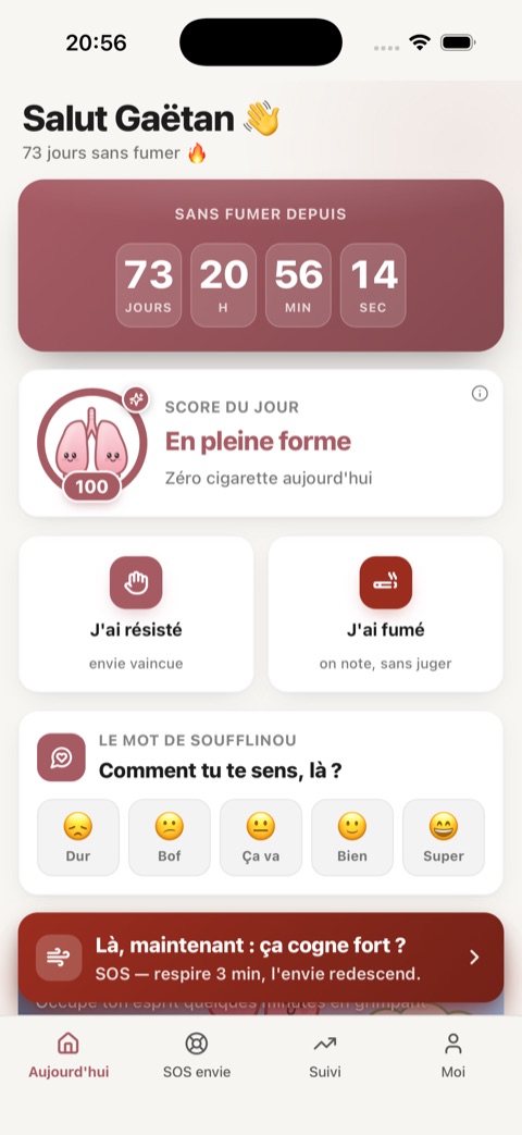 Capture Soufflinou, écran d'accueil Aujourd'hui